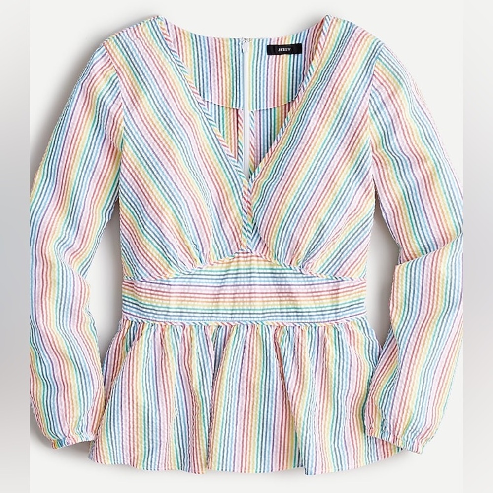 J. Crew Rainbow Stripe Seersucker V-neck Peplum Top Size 4